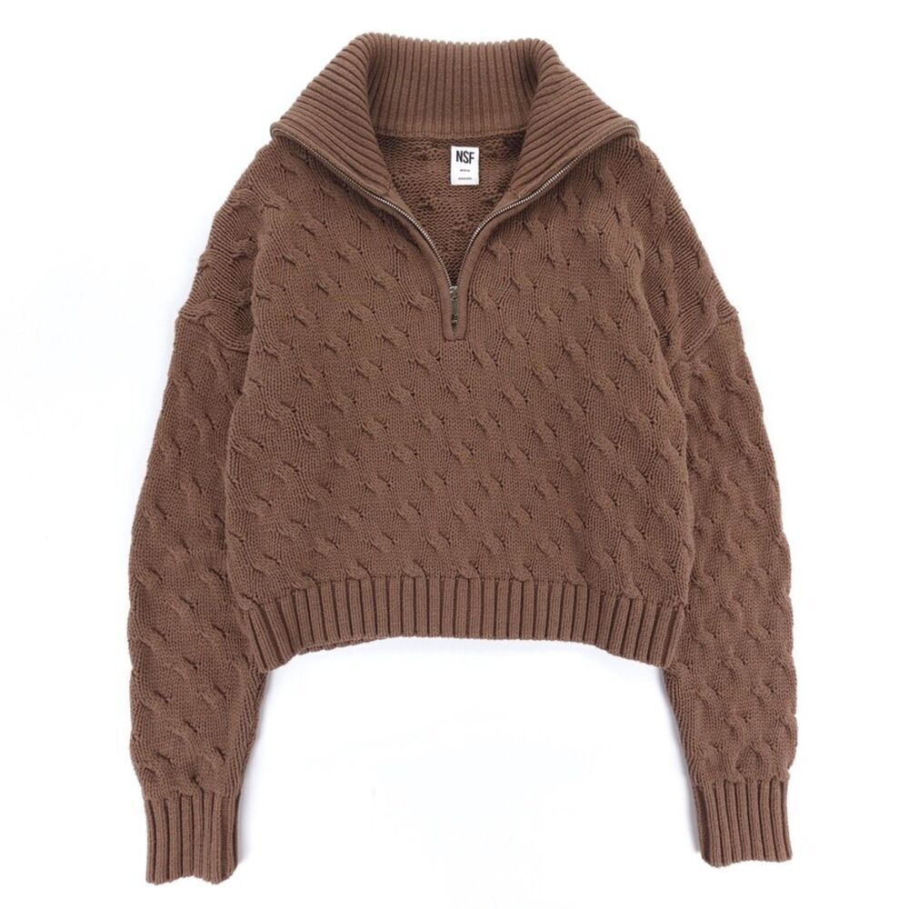 NEW NSF Aminah Crop Cable Knit Half Zip Pullover Sweater Old Money Quiet Luxury
